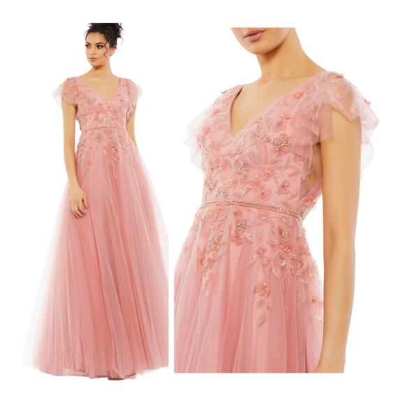 Mac Duggal Dresses & Skirts - Mac Duggal Formal Pink Maxi Beaded Dress 11224 Tulle Salmon Flowers Gown 16